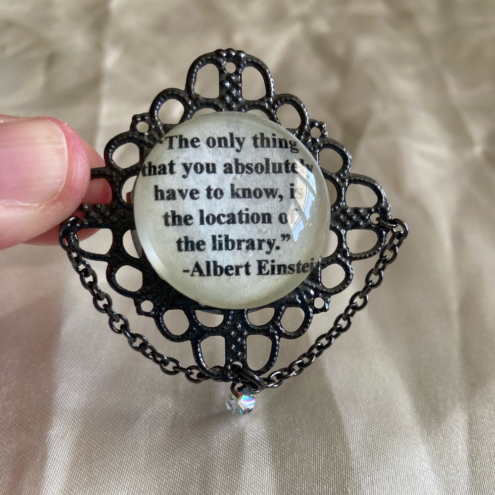 Filigree Brooch - Pin with Library Quote